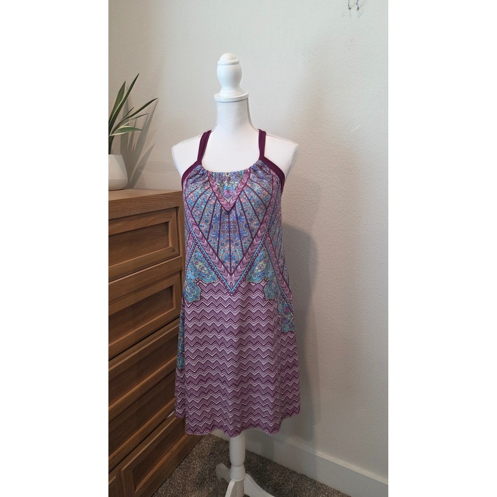 Prana Quinn Dress Halter‎ Racerback Purple Geometric Paisley Boho Yoga Large